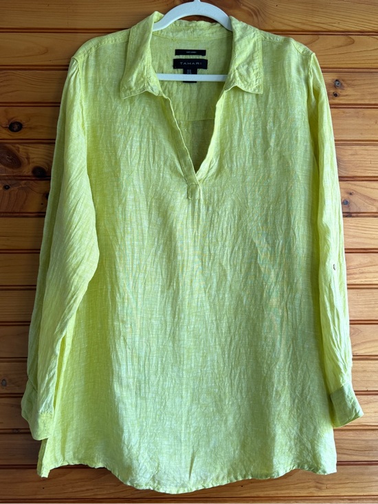 Tahari Tops - Tahari 100% Linen Tunic Top 1X Lemon Yellow Roll Tab Sleeve V Neck Relaxed